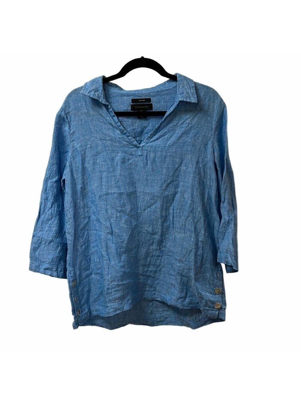 Tahari Blue Linen Popover Shirt Medium